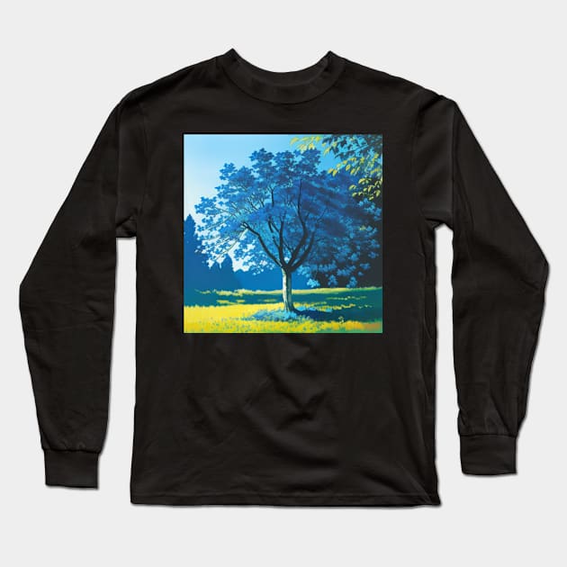 Meadow Scenery - Magic Blue Tree in a Clearing Classic Long Sleeve T-Shirt by CursedContent